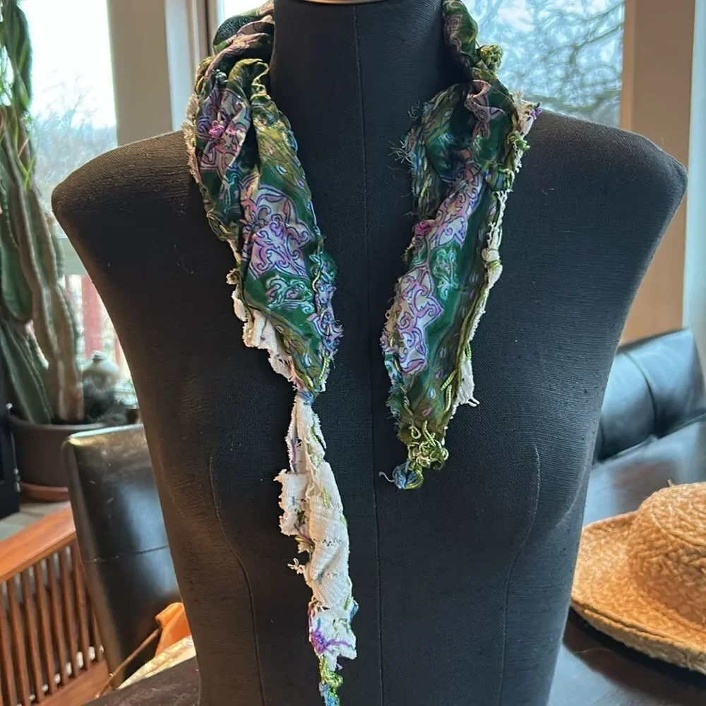 Hand Crafted head scarf hat band antique silk lace embroidered Multi floral